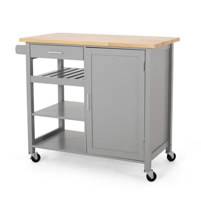 Hivvago Alex Rolling Kitchen Bar Cart, 3 Shelves, 1 Cabinet, Brown Wood, Gray