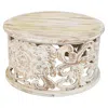 Hivvago Alina Coffee Table Handcrafted Mango Wood Floral Carved Cut Out Design Distressed White Finish 33 In