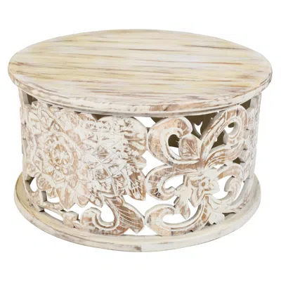 Hivvago Alina Coffee Table Handcrafted Mango Wood Floral Carved Cut Out Design Distressed White Finish 33 In