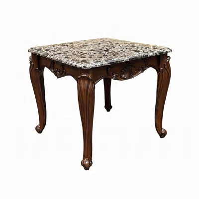 Hivvago Aliya Side End Table, Rectangular 28 Inch Marble, Cherry Brown Wood
