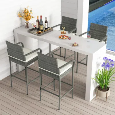 Hivvago All Weather Pe Rattan Bar Chairs Set Of 4 With Armrests And Seat Cushions For Porch Backyard In White