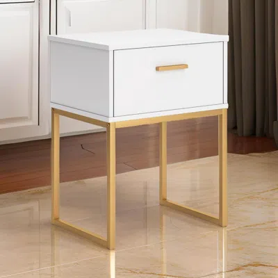 Hivvago Alli Nightstand, 1 Drawer, Matte White Wood, Gold Metal Legs, 26 Inch