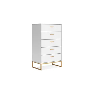 Hivvago Alli Tall Dresser Chest, 5 Drawers, Matte White, Gold Metal, 51 Inch