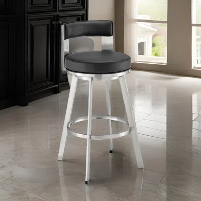 Hivvago Ami 30 Inch Swivel Barstool Chair, Black Faux Leather, Stainless Steel