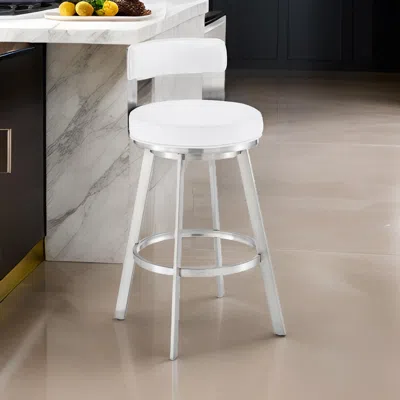 Hivvago Ami 30 Inch Swivel Barstool Chair, White Faux Leather, Stainless Steel