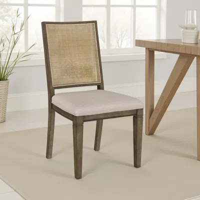 Hivvago Andy Dining Side Chair Set Of 2, Woven Rattan, Gray Fabric, Brown Wood