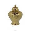 Hivvago Aniea 18 Inch Accent Temple Jar, Geometric Design, Dome Lid, Gold Ceramic