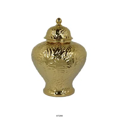 Hivvago Aniea 18 Inch Accent Temple Jar, Geometric Design, Dome Lid, Gold Ceramic