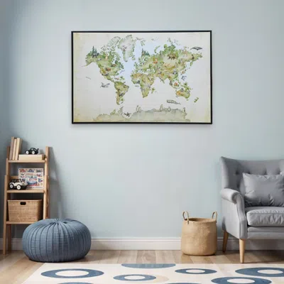Hivvago Animal World Map Black Floater Frame Print Wall Art