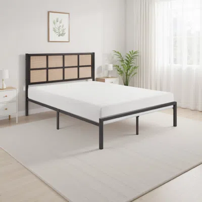 Hivvago Annie Full Platform Metal Bed, Brown Faux Cane Panel Headboard, Dark Bronze In Multi