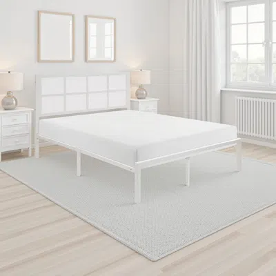 Hivvago Annie King Platform Metal Bed, White Faux Cane Panel Headboard, Low Profile