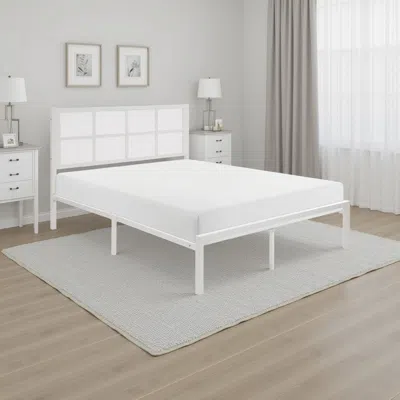 Hivvago Annie Twin Platform Metal Bed, White Faux Cane Panel Headboard, Low Profile