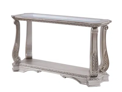 Hivvago Antique Sofa Table With Polyresin Engravings And Clear Glass Top, Silver And Clear In Metallic