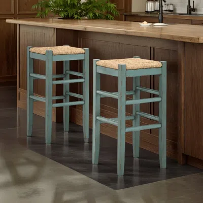 Hivvago Anya Bar Height Stool Set Of 2, Brown Woven Seat, 30 Inch Rustic Blue In Green