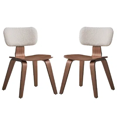 Hivvago Aon 22 Inch Side Dining Chair Set Of 2, Curved, White Boucle, Walnut Brown