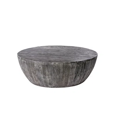 Hivvago Arthur 36 Inch Farmhouse Style Handcrafted Mango Wood Coffee Table, Round Drum Shape, Sandblasted Bl In Gray