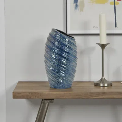 Hivvago Avery Tall Modern Vase With Angled Spiral Design, Blue Ceramic 17 Inch