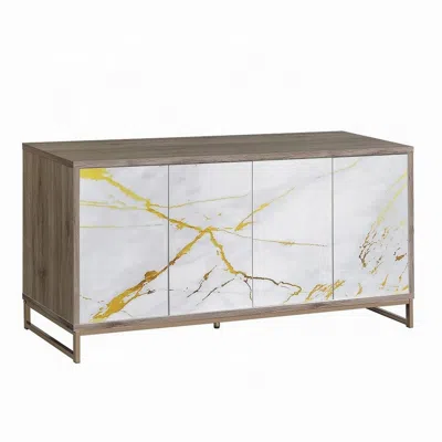 Hivvago Avia Sideboard Console Cabinet, White Marble Look 4 Door Brown 65 Inch