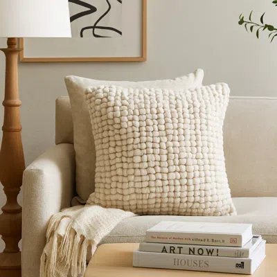 Hivvago Avy Square Accent Throw Pillow, 20 Inch Plush Looped Ivory White Wool