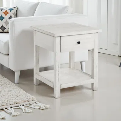 Hivvago Ayne Side End Table, 1 Drawer, Distressed White Wood, Square 20 Inch