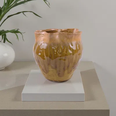 Hivvago Balie Accent Vase, Brown Ceramic, Irregular Top Edge, Modern 10 Inch