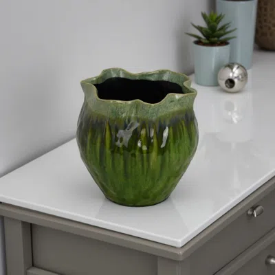 Hivvago Balie Accent Vase, Green Ceramic Irregular Top Edge, Modern 10 Inch