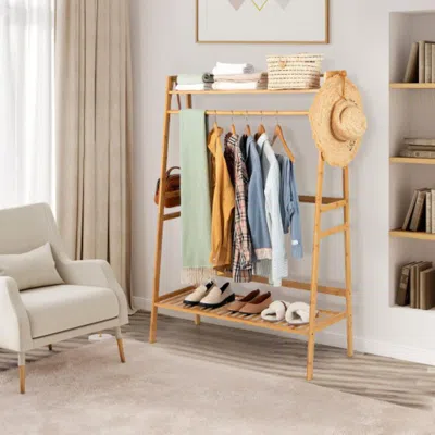 Hivvago Bamboo Clothing Rack With Storage Shelves-natural In Black