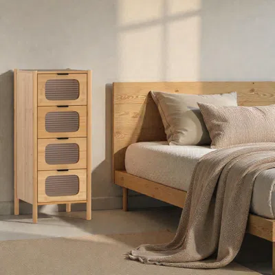 Hivvago Bamboo Dresser With Four Drawers And Fluted Tempered Glass Fronts In Brown