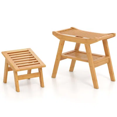 Hivvago Bamboo Shower Seat Bench With Underneath Storage Shelf-natural In White