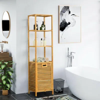Hivvago Bamboo Tower Hamper Organizer With 3-tier Storage Shelves-natural