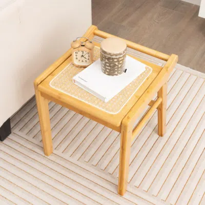Hivvago Bamboo Vanity Stool With Rattan Top And Reinforcement Bar-natural