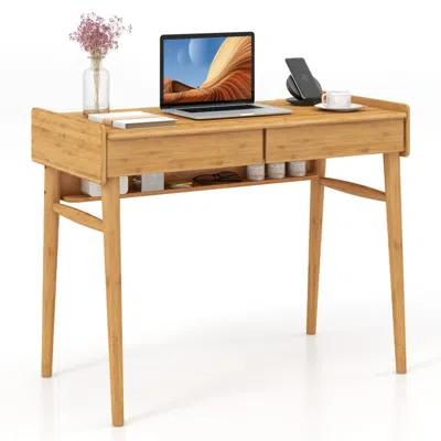 Hivvago Bamboo Writing Desk With 2 Storage Drawers And Open Shelf-natural