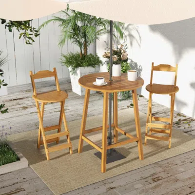Hivvago Bar Height Table With Umbrella Hole And Slatted Tabletop For Outdoors In Neutral
