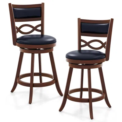 Hivvago Bar Stools Set Of 2 Faux Leather Seat Rubber Wood Frame Counter Chairs In Brown