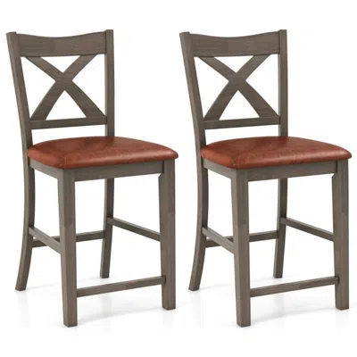 Hivvago Bar Stools Set Of 2 With Cross Back And Faux Leather Upholstered Seat-gray In Brown