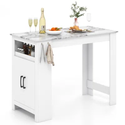 Hivvago Bar Table Faux Marble Pub Table With 7 Hanging Hooks Compartment-white