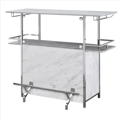 Hivvago Bar Table With Faux Marble And Chrome Finish, White And Silver In Metallic
