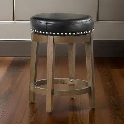 Hivvago Bara 25 Inch Swivel Counter Stool, Black Round Faux Leather, Brown, Set Of 2