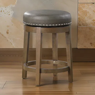Hivvago Bara 25 Inch Swivel Counter Stool Gray Round Faux Leather, Brown, Set Of 2