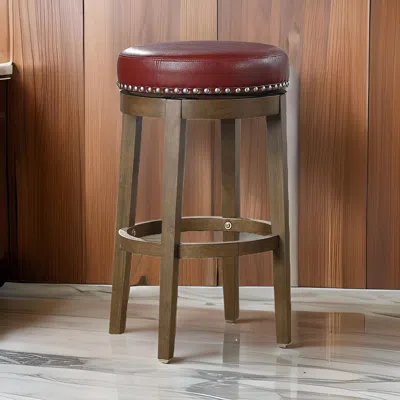 Hivvago Bara 31 Inch Swivel Barstool, Red Round Faux Leather, Brown Wood, Set Of 2