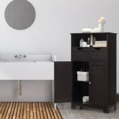 Hivvago Bathroom Wooden Side Cabinet With 2 Drawers And 2 Doors-dark Brown