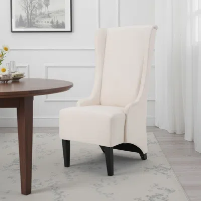 Hivvago Becca Dining Chair, Beige Fabric, High Wingback, Tapered Black Legs In White