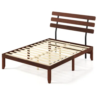 Hivvago Bed Frame 15.5 Inch Solid Wood Platform Bed With Retro Headboard In Brown