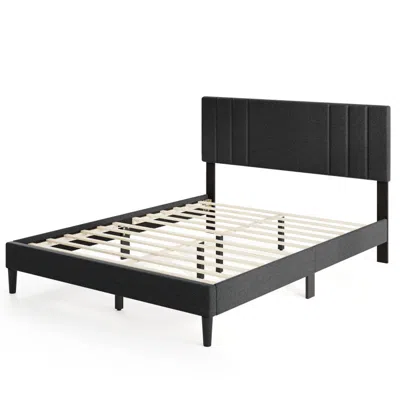 Hivvago Bed Frame With Vertical Channel Tufted Headboard And Wooden Slats In Black