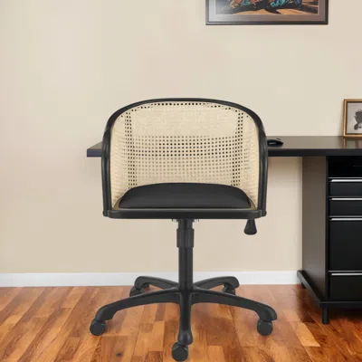 Hivvago Beige And Black Solid Wood Steel And Cane Rattan Adjustable Swivel Rolling Office Chair