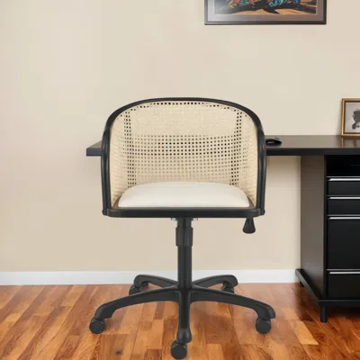 Hivvago Beige And Black Solid Wood Steel And Cane Rattan Adjustable Swivel Rolling Office Chair