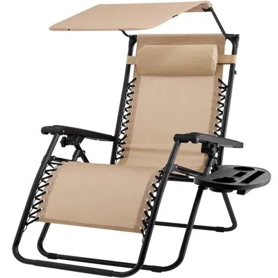 Hivvago Beige Zero Gravity Folding Reclining Patio Lounge Chair With Canopy Sun Shade In Brown