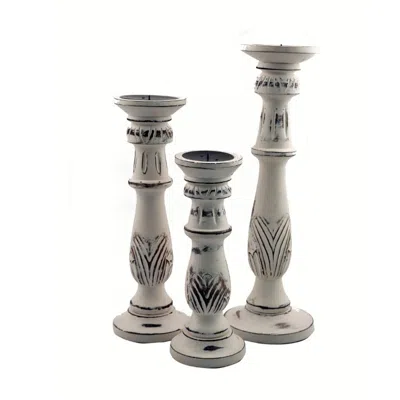 Hivvago Benzara Distressed Mango Wood Pillar Shaped Candle Holder, Set Of 3, White In Gray