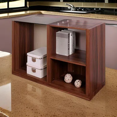 Hivvago Bere 47 Inch Sofa Table With Black Glass Top, Open Shelves, Brown Wood