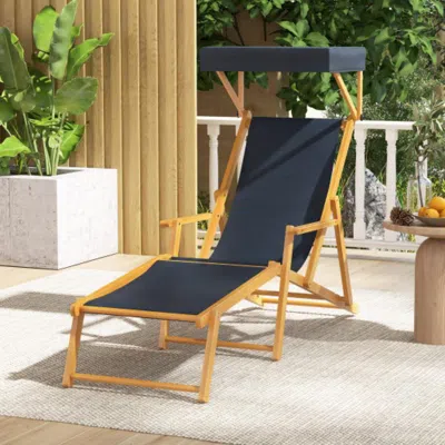 Hivvago Birch Wood Chaise Lounge Chair Foldable Beach Chair With Adjustable Canopy-navy In Blue